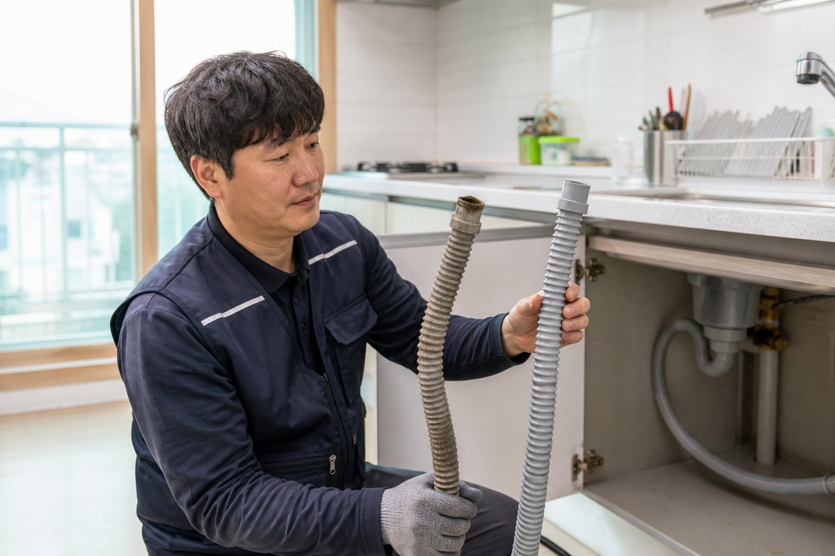 거름망과 배수구 입구의 작은 이물을 확인하는 과정